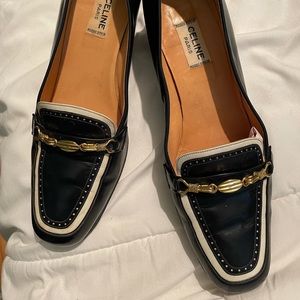 Celine Black and White Loafers with Gold Accent